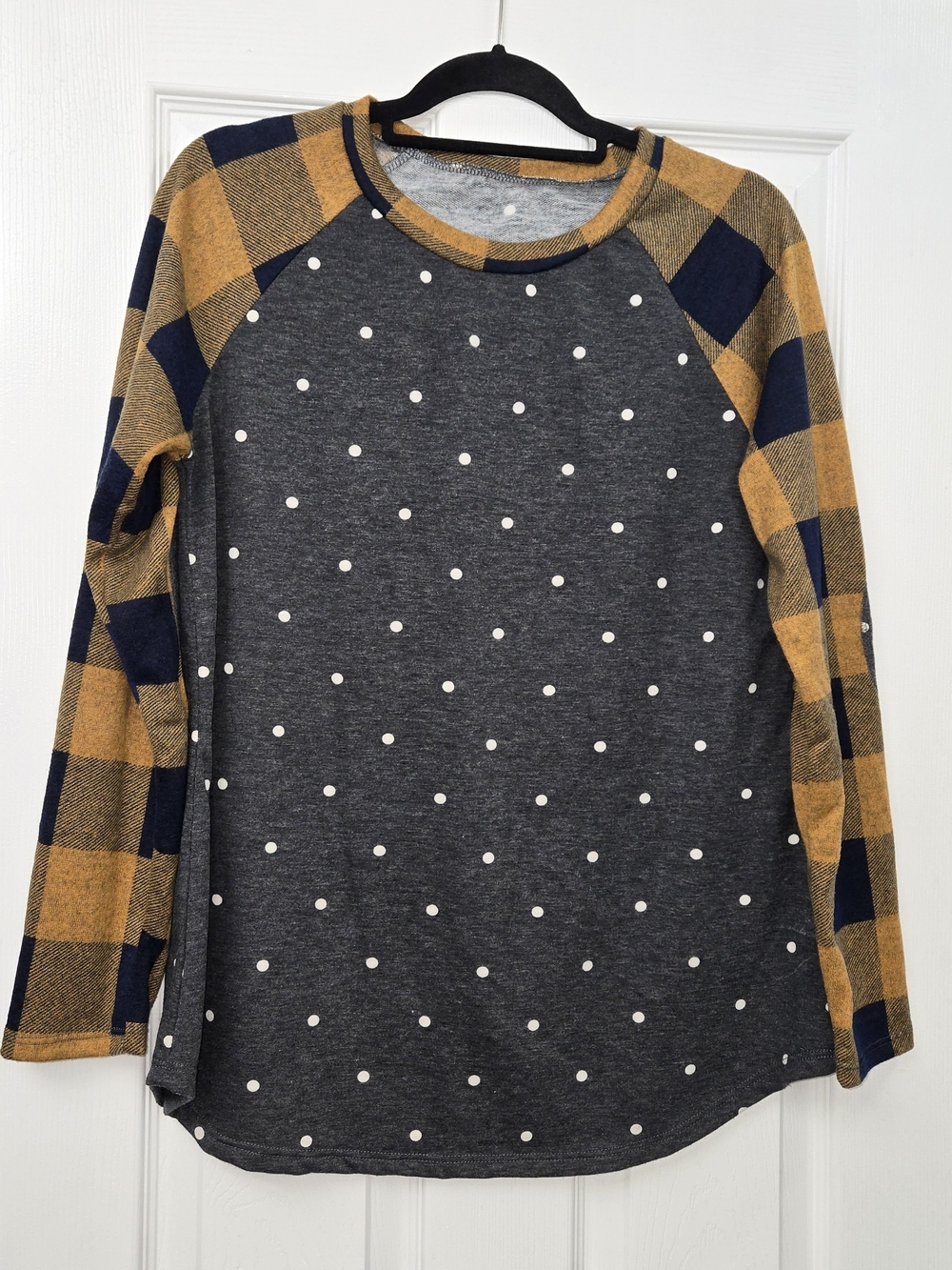Buffalo Plaid Polka Dot Raglan Top Womens Large Charcoal Mustard Elbow Patches